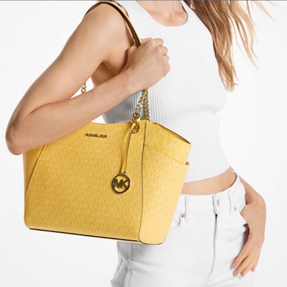 Michael Kors Signature Logo Chain Shoulder Tote DAISY YELLOW - Picture 4 of 14
